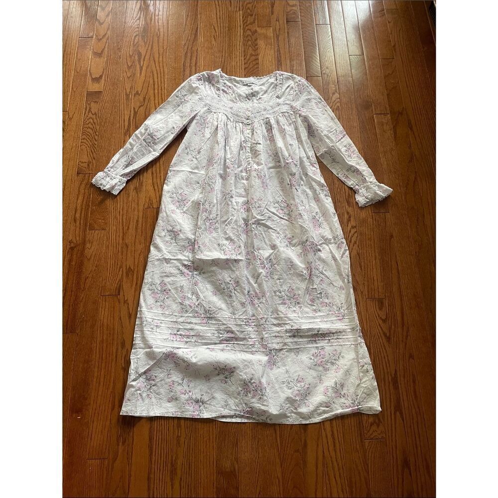 Eileen West White Pink Floral Print Nightgown Women’s Sz Small